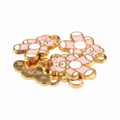 Купить Подвеска для рукоделия металл золото "Мишка" 16 х 11 мм розовая-белая / Кулон дл...