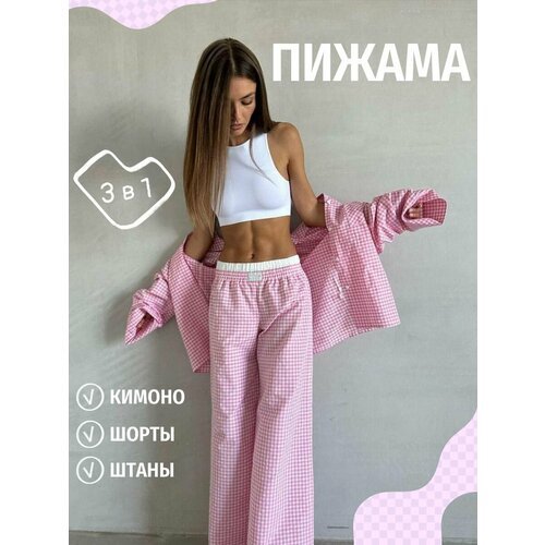 Купить Пижама , размер S, белый, розовый
Пижама женская 3 в 1 Кимоно с шортами и штанам...