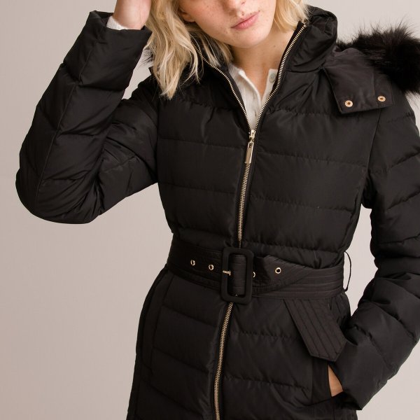 Купить Куртка стеганая длинная с капюшоном с искусственным мехом 40 (FR) - 46 (RUS) чер...