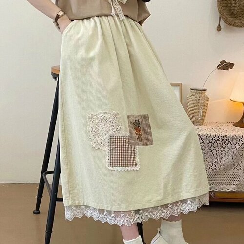 Купить Юбка, размер M/L, бежевый
<h3>Вельветовая юбка в японском стиле с вышивкой и кру...