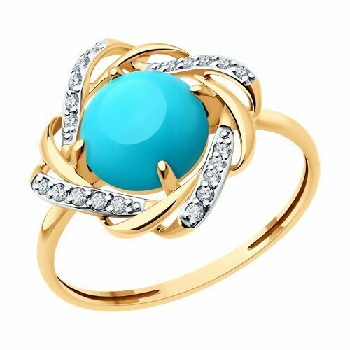 Купить Кольцо Diamant online, красное золото, 585 проба, бирюза, фианит, размер 18.5, г...