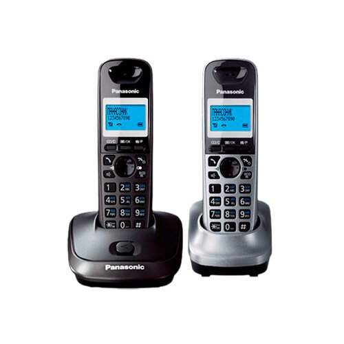 Купить Радиотелефон домашний Panasonic KX-TG2512RU2 (2 трубки), темно-серый; серый мета...