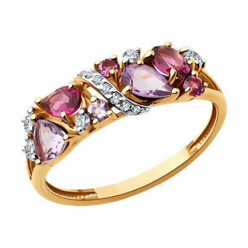Купить Кольцо Diamant online, красное золото, 585 проба, родолит, аметист, фианит, разм...