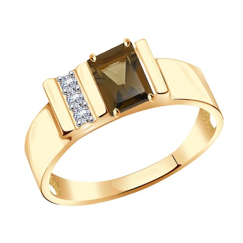 Купить Кольцо Diamant online, золото, 585 проба, фианит, раухтопаз, размер 18.5, коричн...