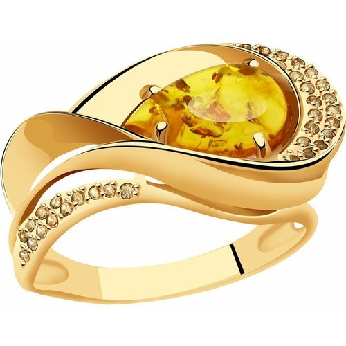 Купить Кольцо Diamant online, золото, 585 проба, янтарь, фианит, размер 18.5, желтый
<p...