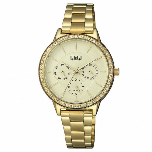 Купить Наручные часы Q&Q, золотой
Женские кварцевые часы со стразами на золотистом стал...