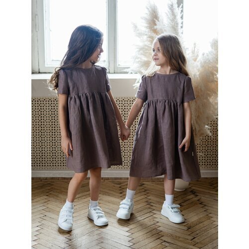 Купить Сарафан, размер 98, коричневый, бежевый
Льняное платье для девочки с коротким ру...