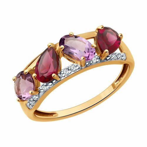 Купить Кольцо Diamant online, золото, 585 проба, аметист, фианит, родолит, размер 18, м...