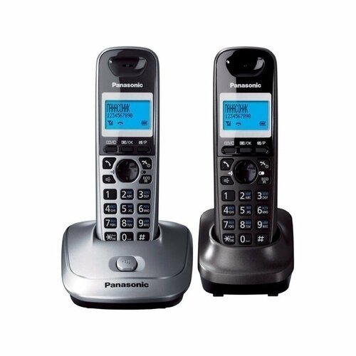 Купить Радиотелефон домашний Panasonic KX-TG2512RU1 (2 трубки), серый металлик; темно-с...