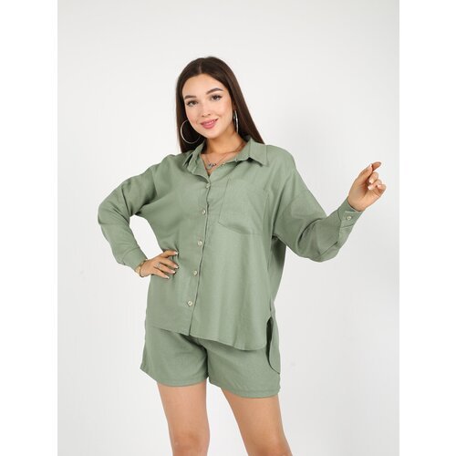 Купить Костюм, размер 44-46 RU - (M), зеленый
Летний льняной костюм с укороченными шорт...