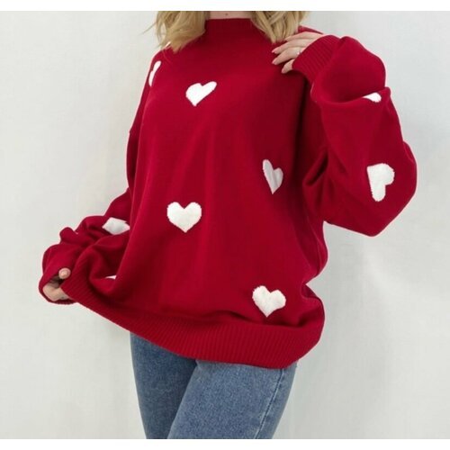 Купить Свитер, размер Единый, красный
Свитер женский принт сердечки - удлиненный свитер...