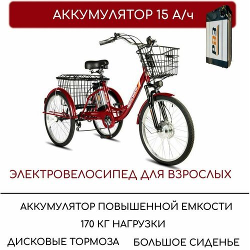 Купить Электровелосипед трехколесный для взрослых РВЗ "Чемпион", 250 15, 24", красный
Н...