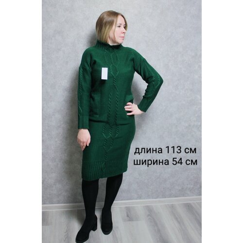 Купить Платье размер 48/52, зеленый
<br>Теплое вязаное платье-свитер прямого кроя с выв...