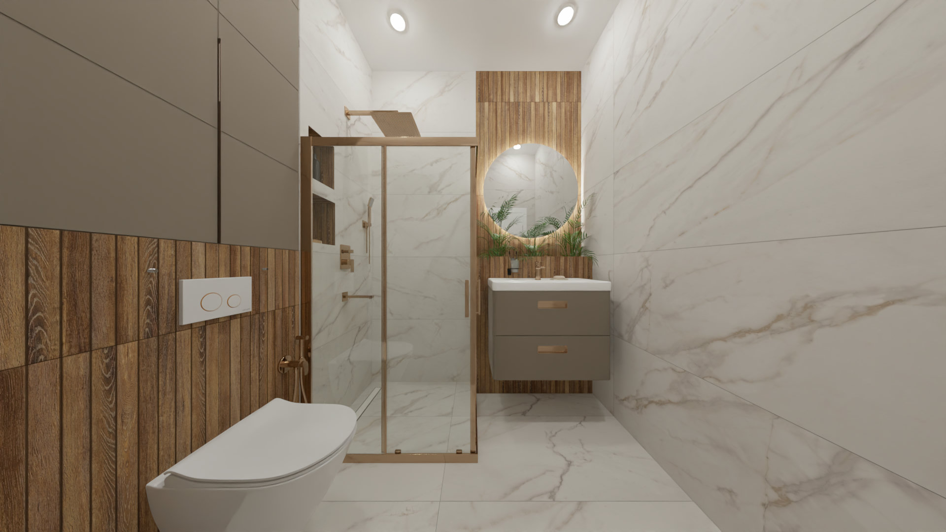 Санузел среднего размера в бежевых тонах, с золотыми элементами Санузел среднего размера в бежевых тонах, с золотыми элементами