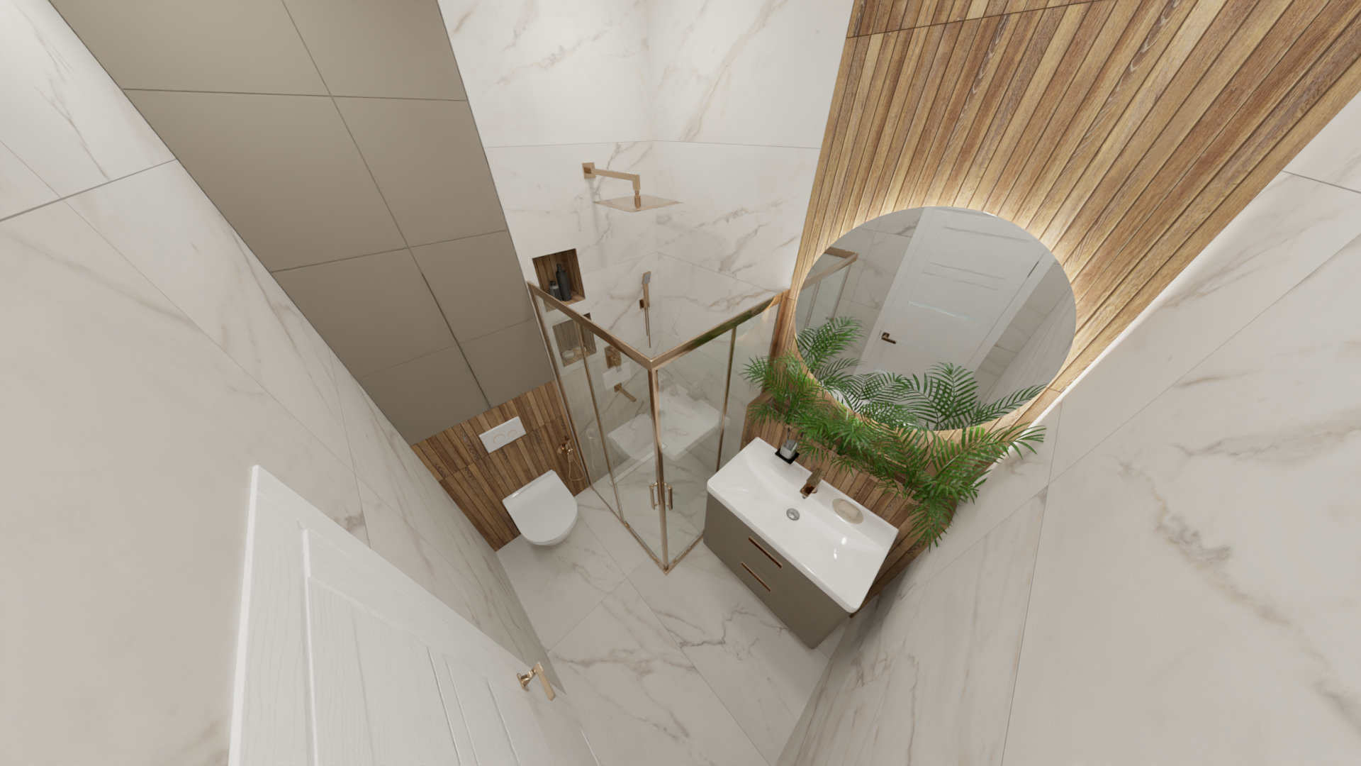 Санузел среднего размера в бежевых тонах, с золотыми элементами 1