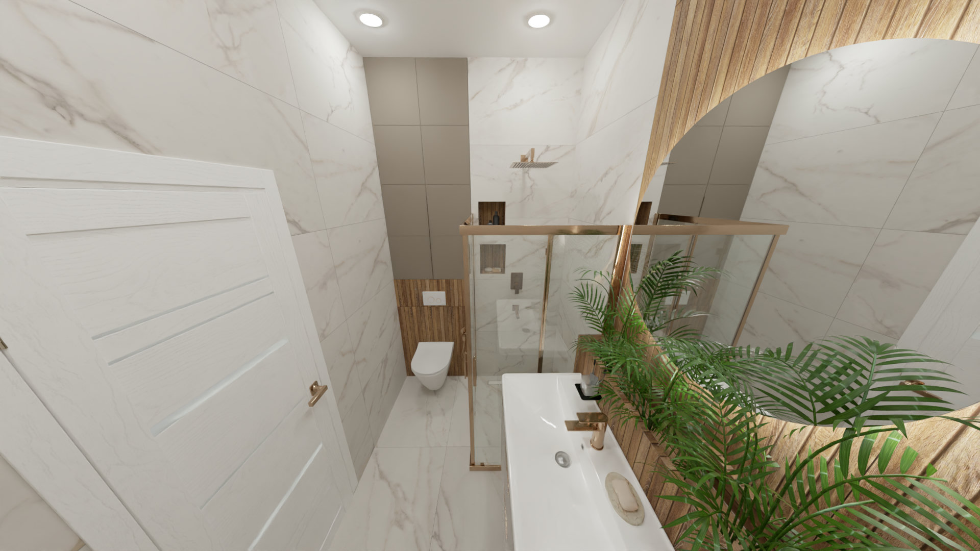 Санузел среднего размера в бежевых тонах, с золотыми элементами 2