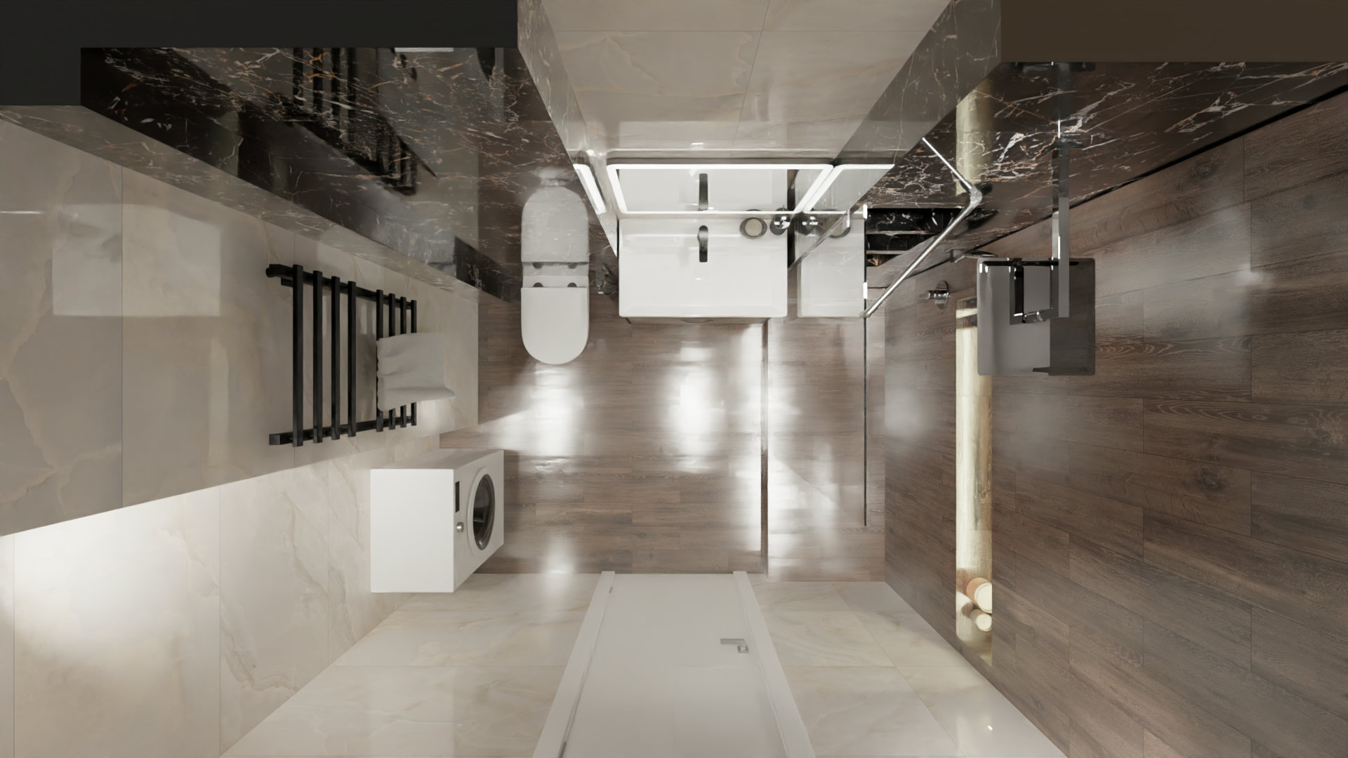 Ванная в контрастной керамической плитке под мрамор 1