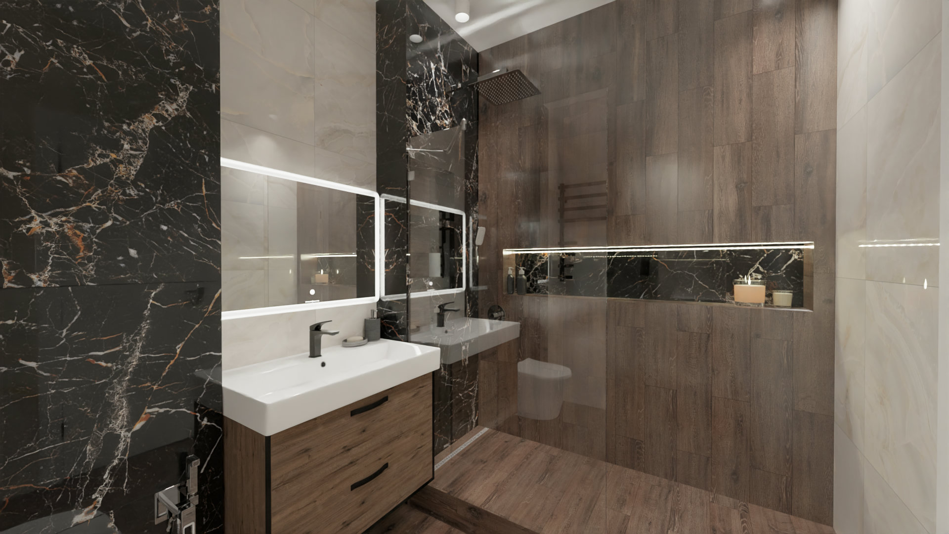 Ванная в контрастной керамической плитке под мрамор Ванная в контрастной керамической плитке под мрамор