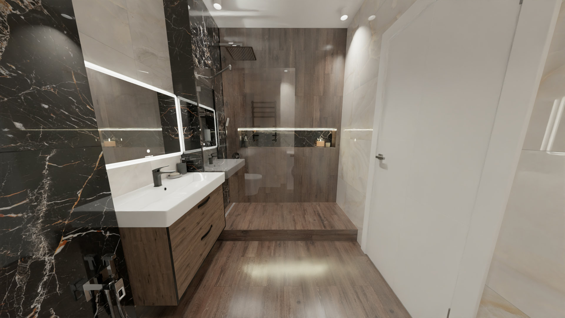 Ванная в контрастной керамической плитке под мрамор 3