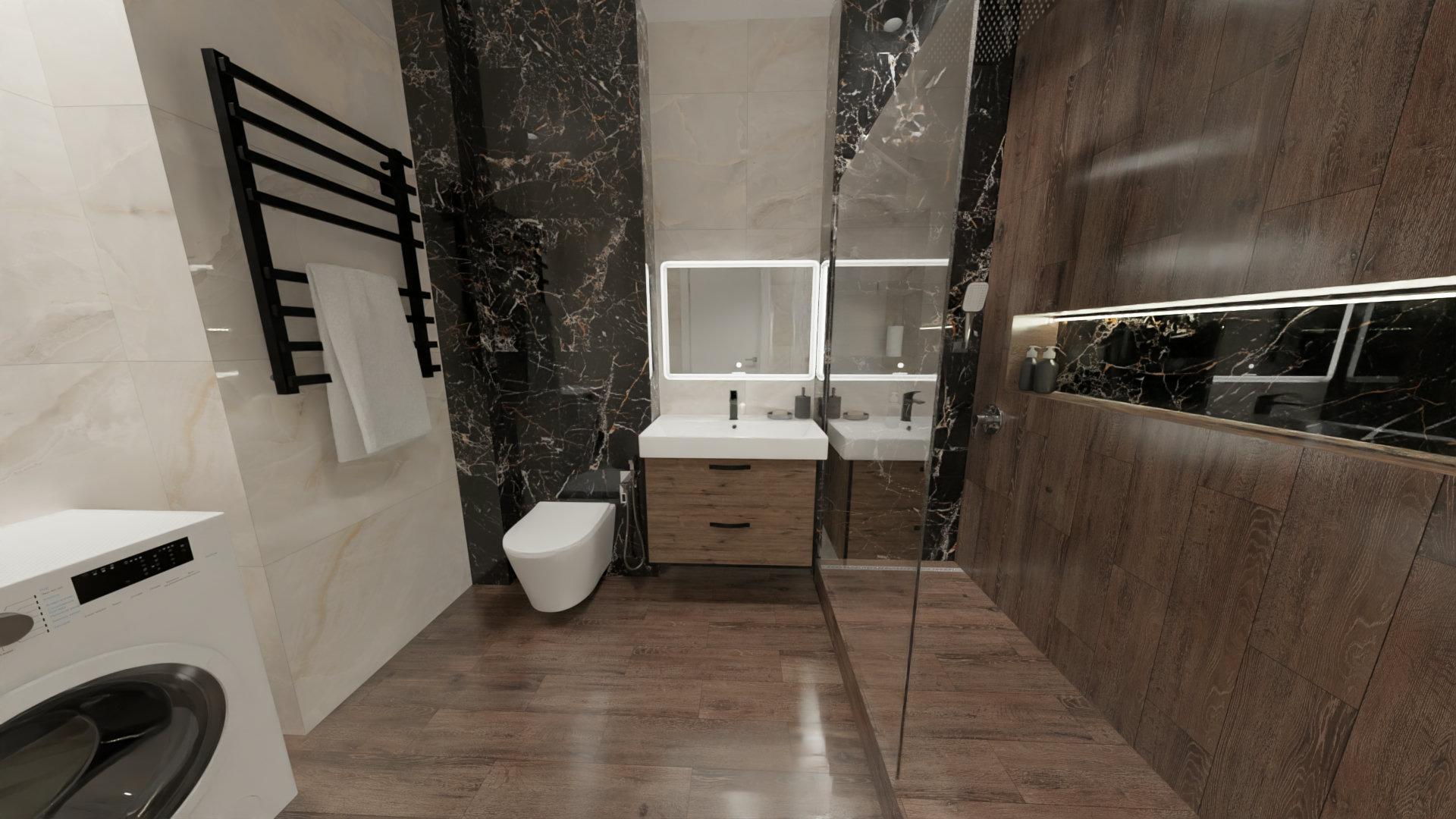 Ванная в контрастной керамической плитке под мрамор 4