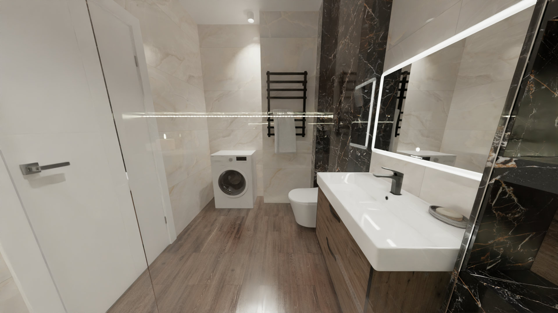 Ванная в контрастной керамической плитке под мрамор 5