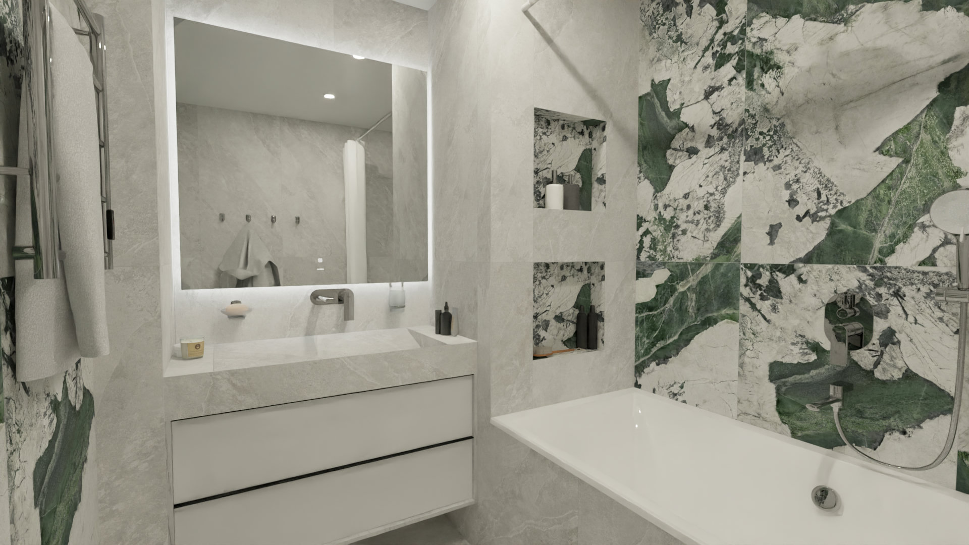 Ванная комната с изумрудными акцентами в отделке Ванная комната с изумрудными акцентами в отделке