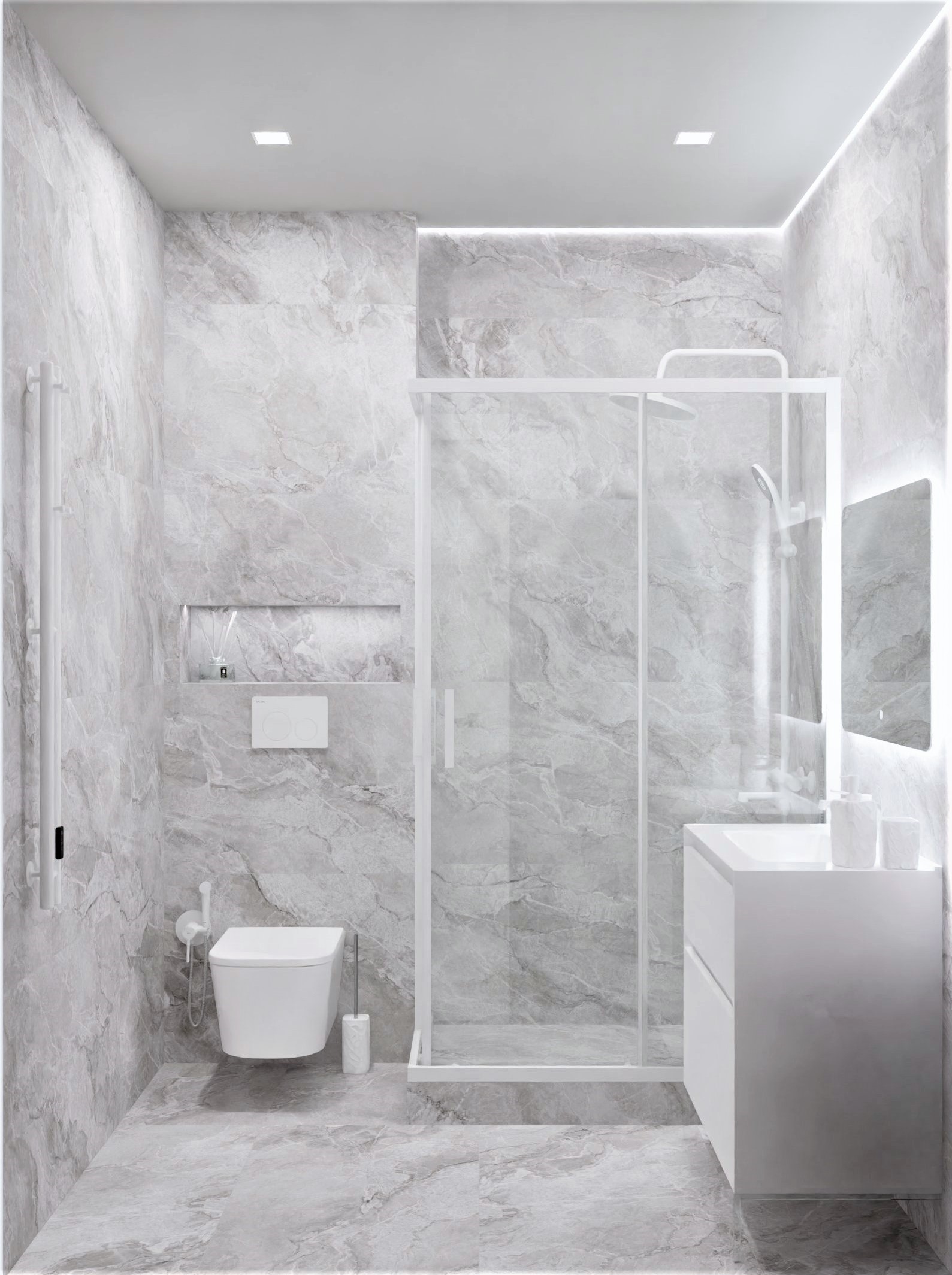 Стильный санузел с минималистичным дизайном в серых тонах