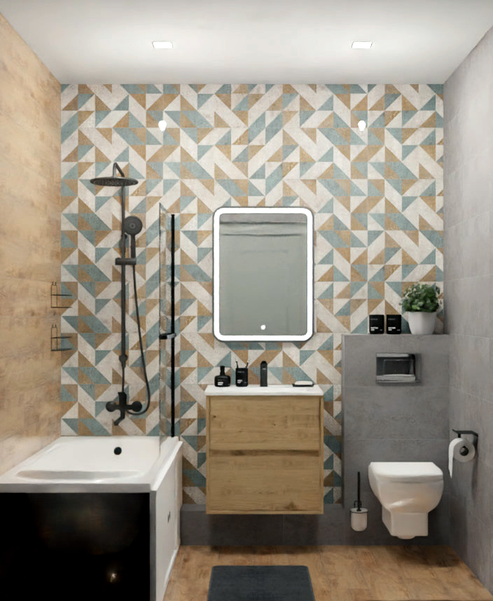 Санузел в скандинавском стиле с яркой плиткой