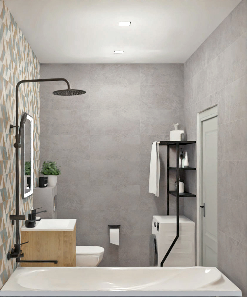 Санузел в скандинавском стиле с яркой плиткой 2