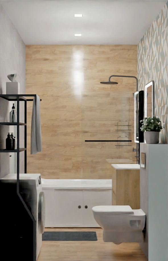 Санузел в скандинавском стиле с яркой плиткой 3