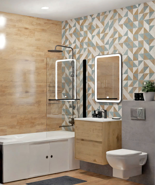 Санузел в скандинавском стиле с яркой плиткой 4