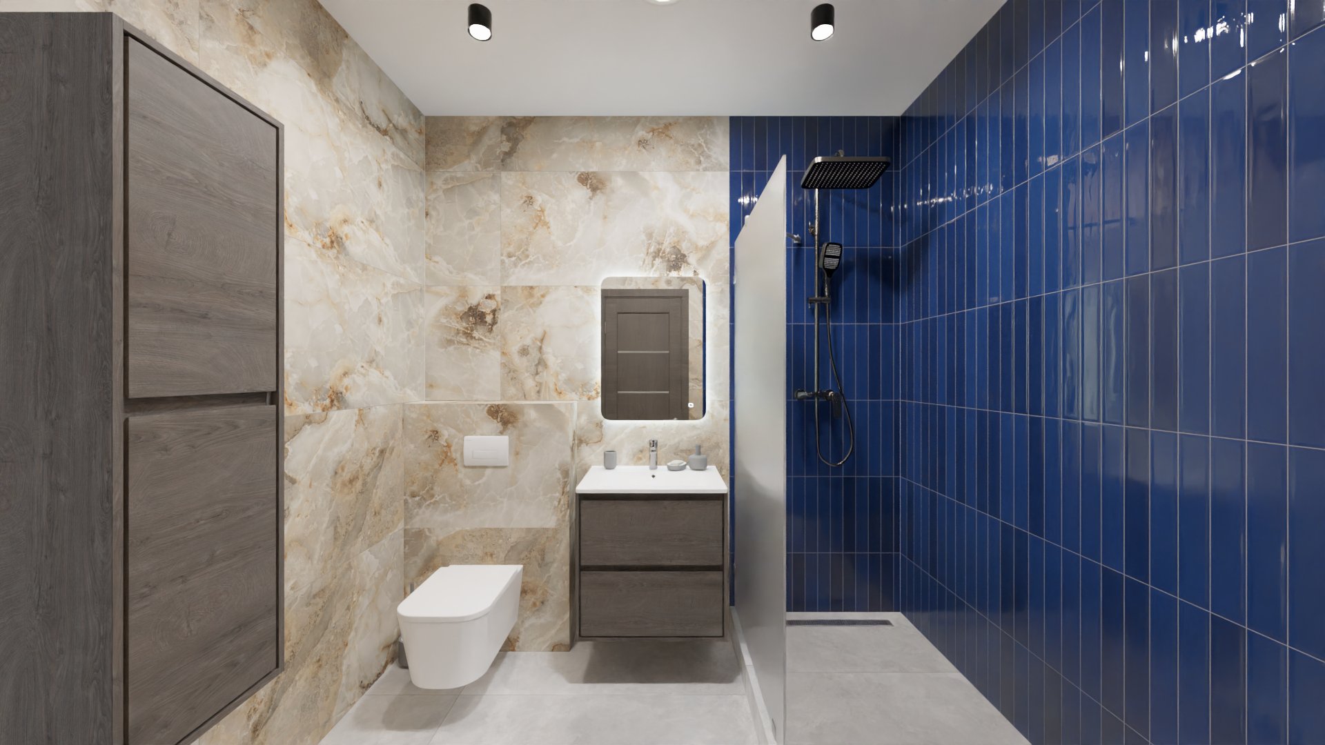 Ванная с плиткой в глубоком синем цвете