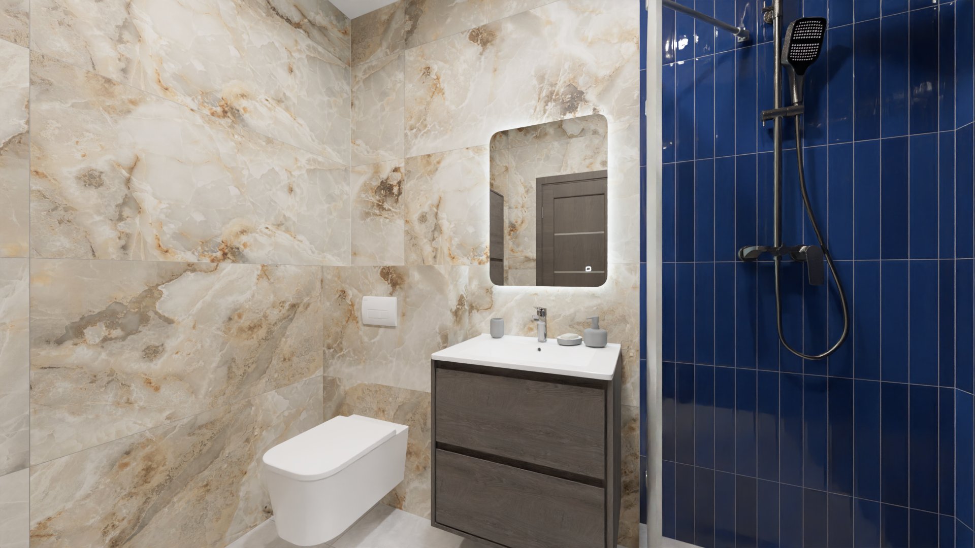 Ванная с плиткой в глубоком синем цвете 3