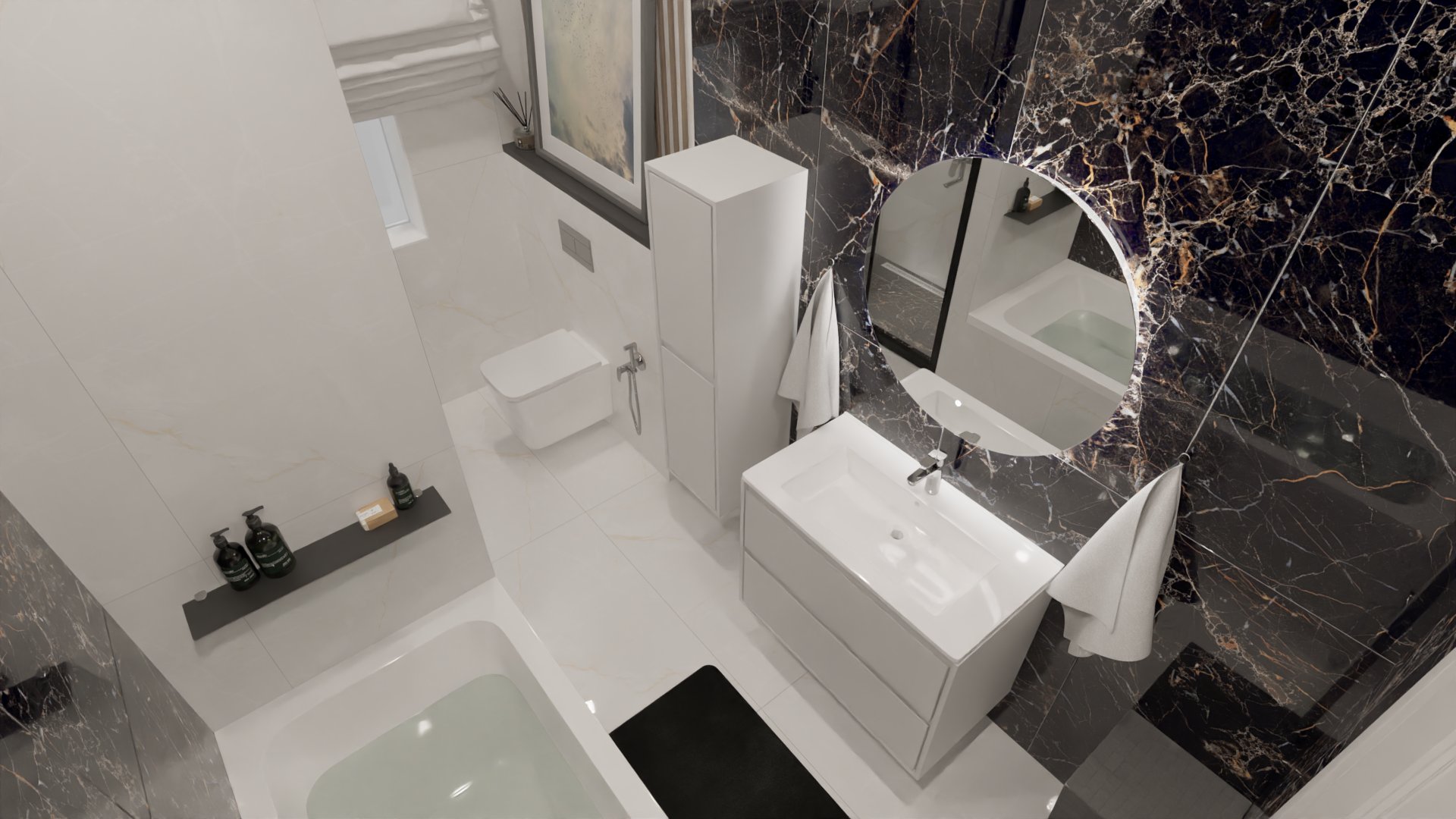 Ванная комната в изысканном стиле с акцентом на тёмный керамогранит