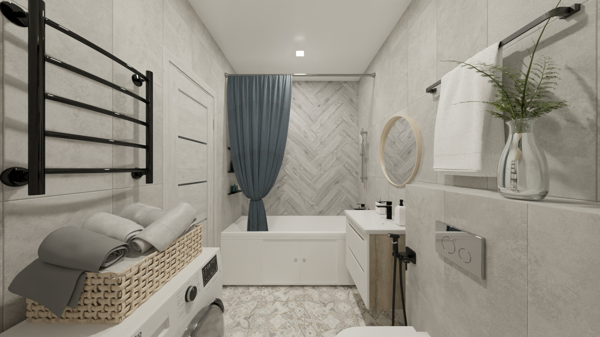 Светлая и уютная ванная комната с керамогранитом цементо и софт вуд