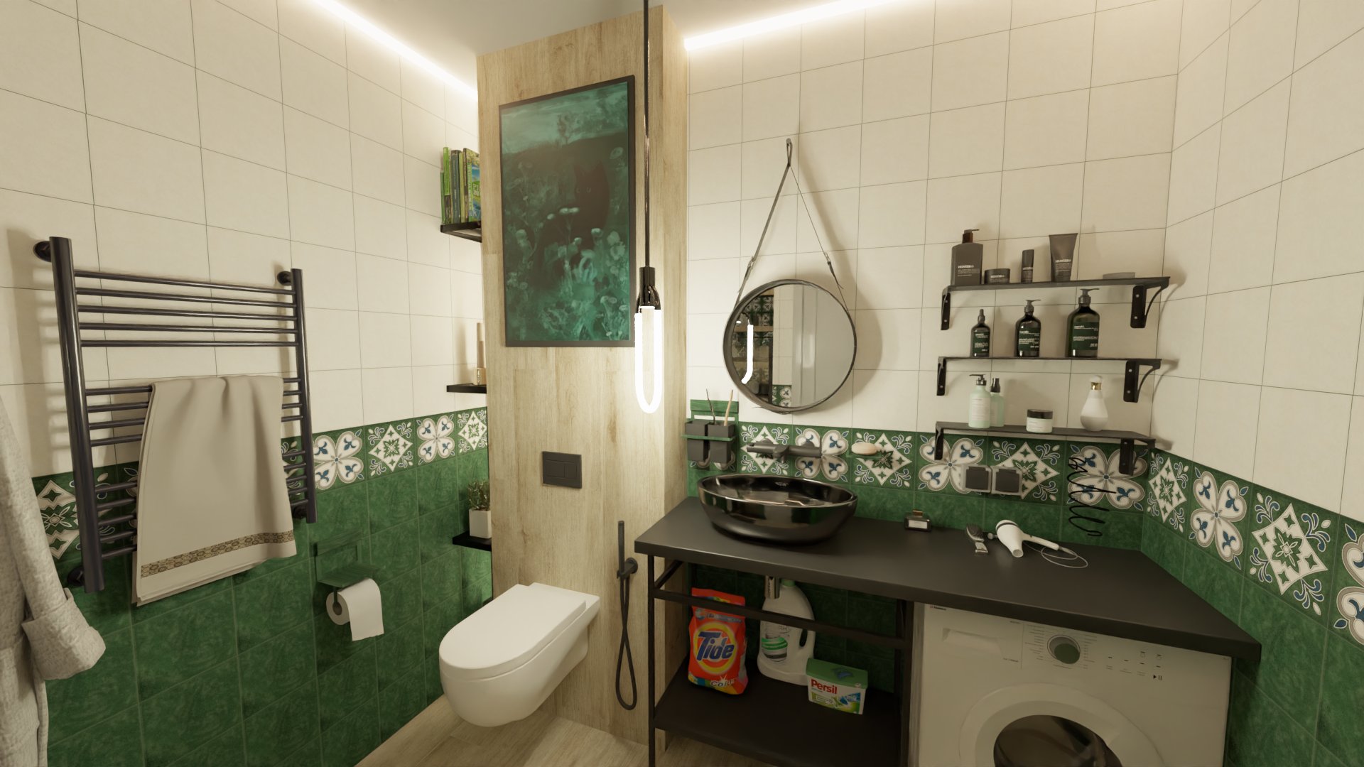 Совместный санузел с изумрудными акцентами 2