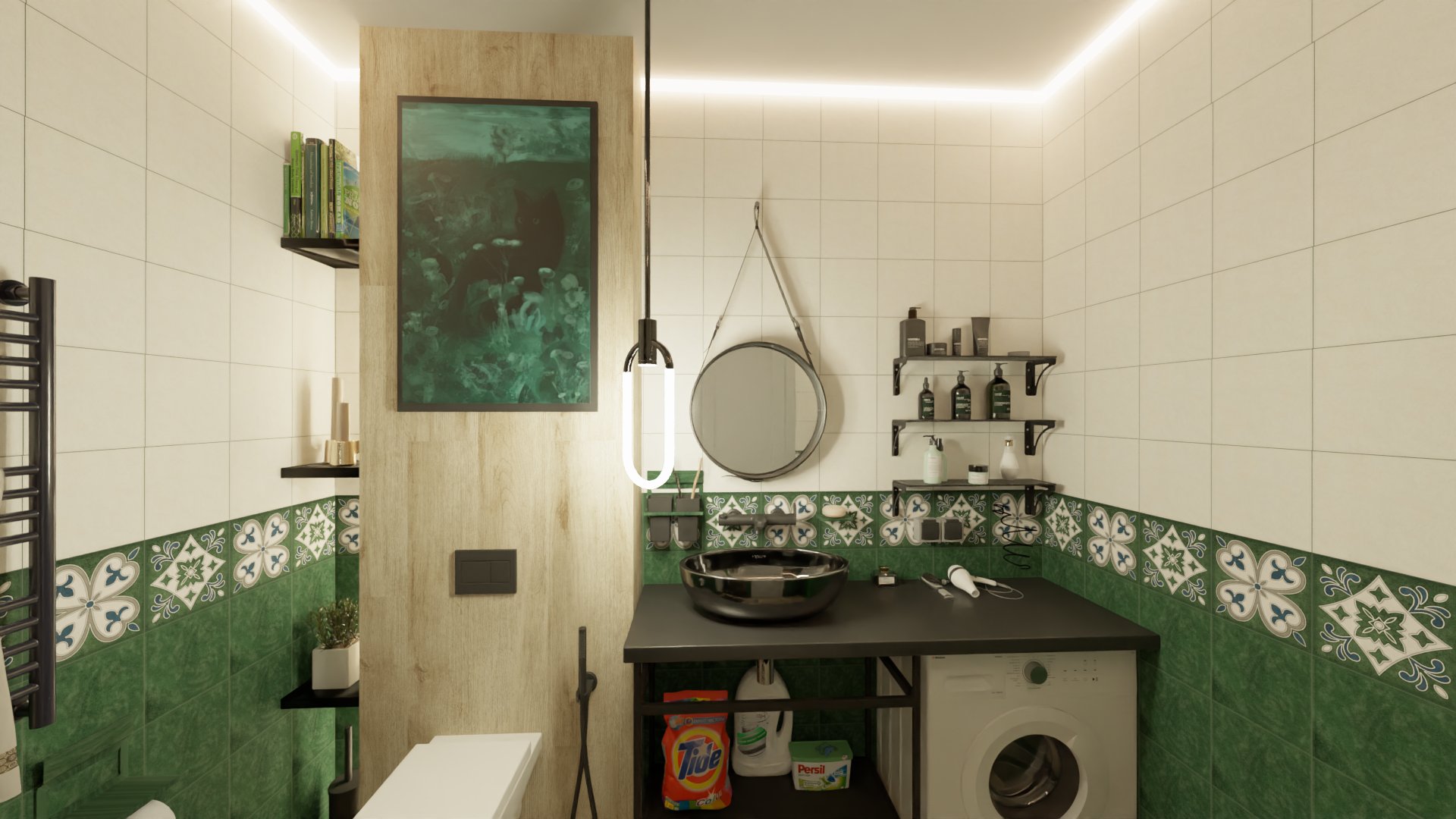 Совместный санузел с изумрудными акцентами Совместный санузел с изумрудными акцентами