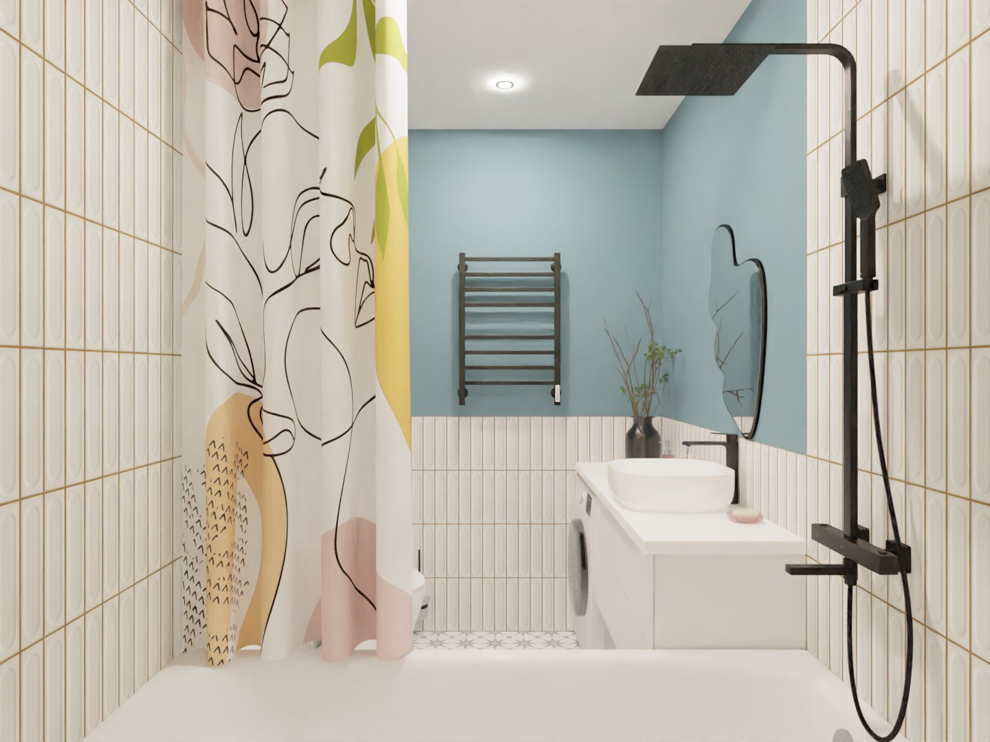 Яркая ванна комната с плиткой кабанчик 1