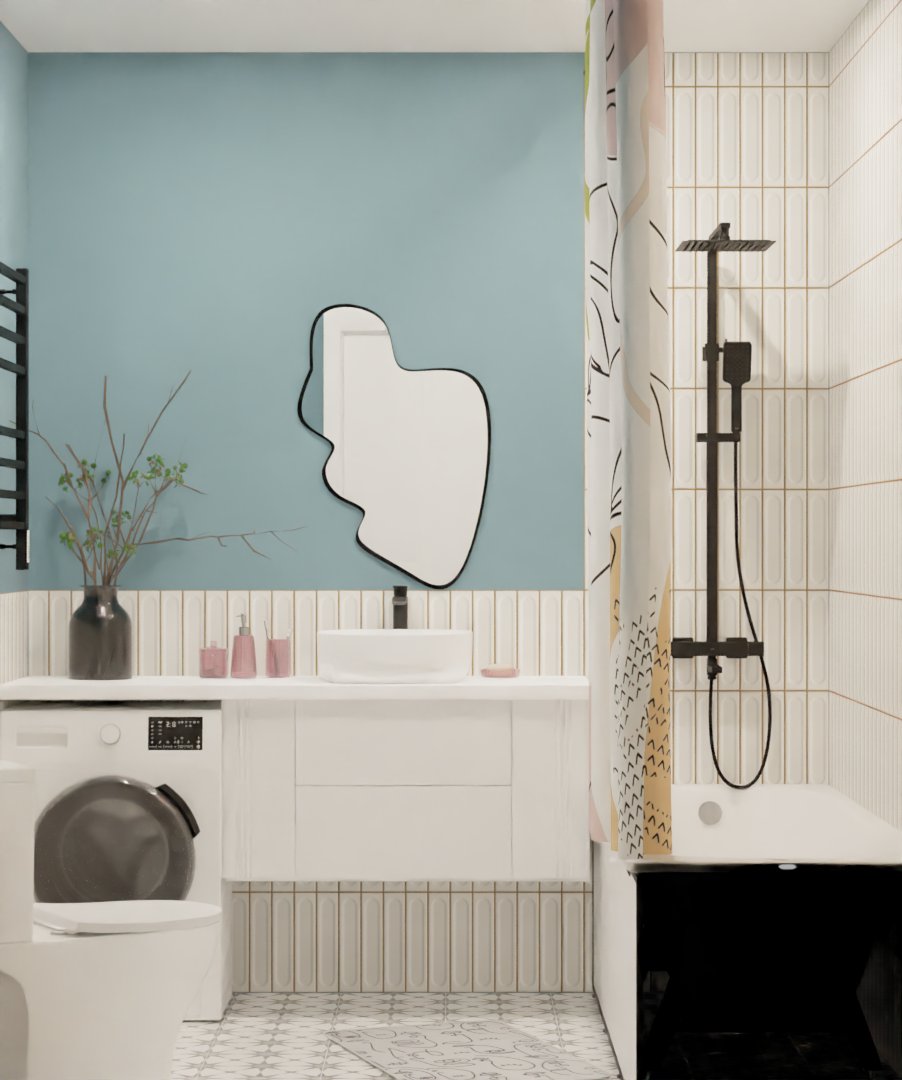 Яркая ванна комната с плиткой кабанчик