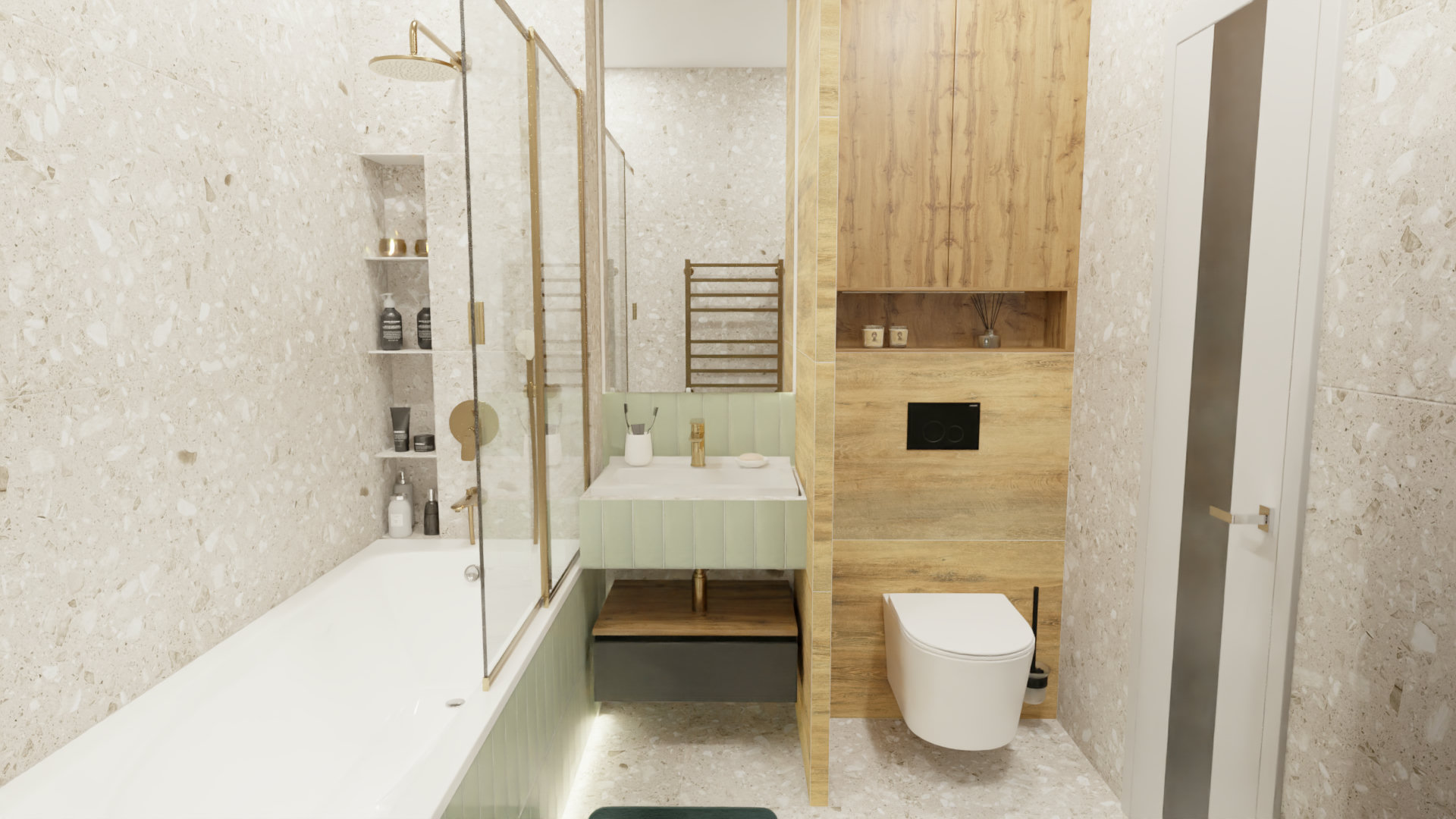 Компактная ванная с золотыми акцентами Компактная ванная с золотыми акцентами