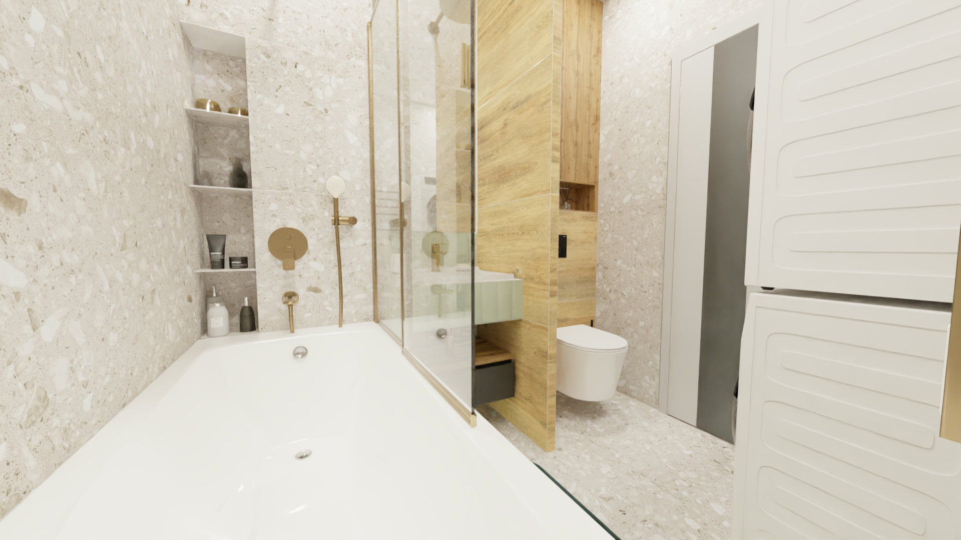 Компактная ванная с золотыми акцентами 4