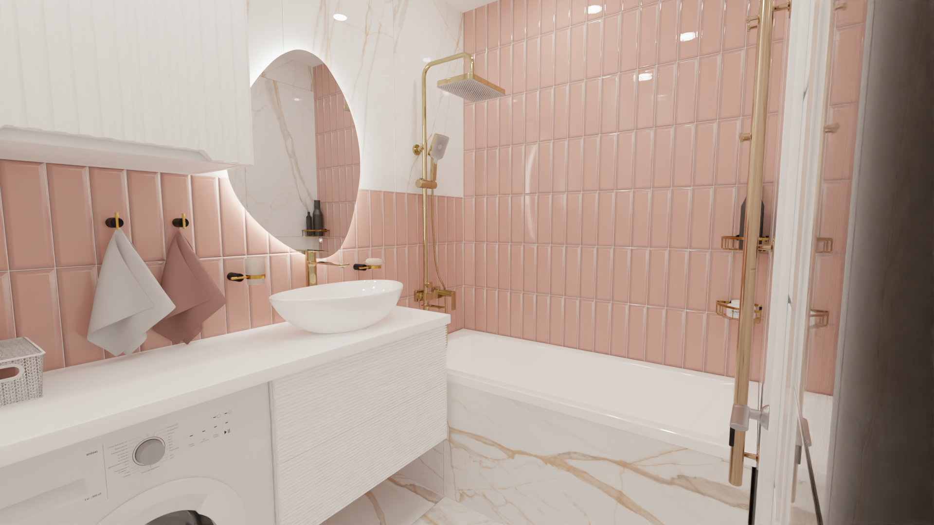 Розовая ванная комната с золотом