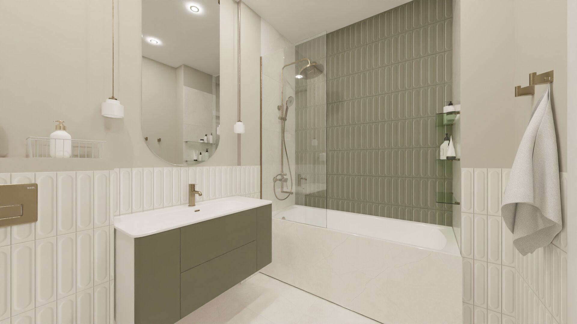 Дизайн ванной с акцентами в эвкалиптовых оттенках 2