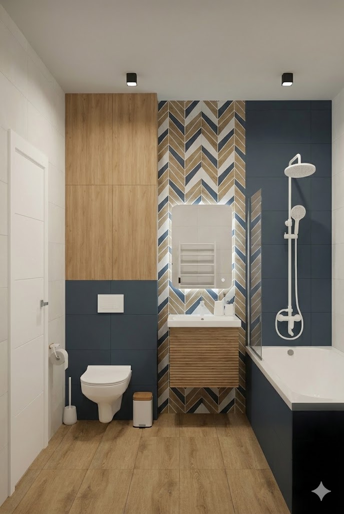 Стильная ванная с контрастной плиткой для создания выразительного дизайна на небольшой площади Стильная ванная с контрастной плиткой для создания выразительного дизайна на небольшой площади