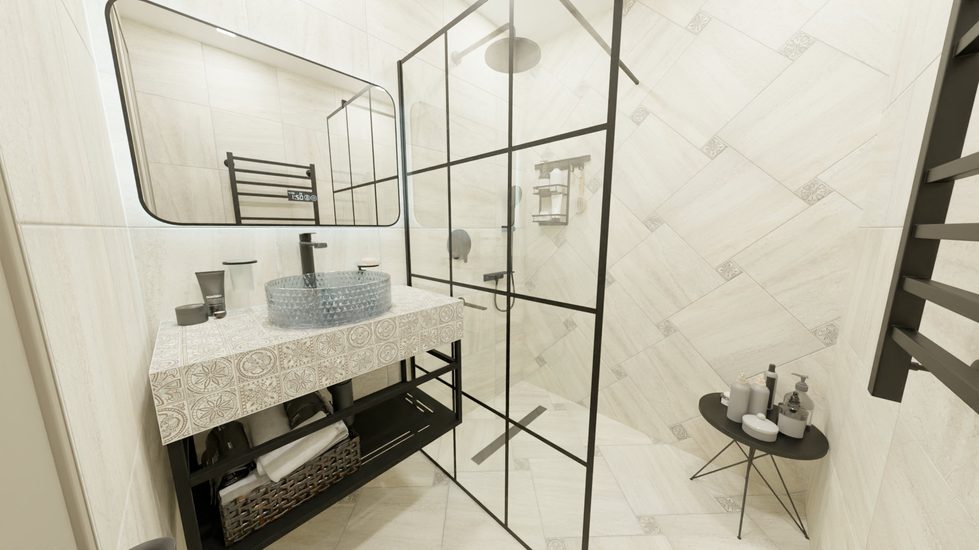 Маленькая ванная комната в бежевых и черных тонах для стильных проектов Маленькая ванная комната в бежевых и черных тонах для стильных проектов