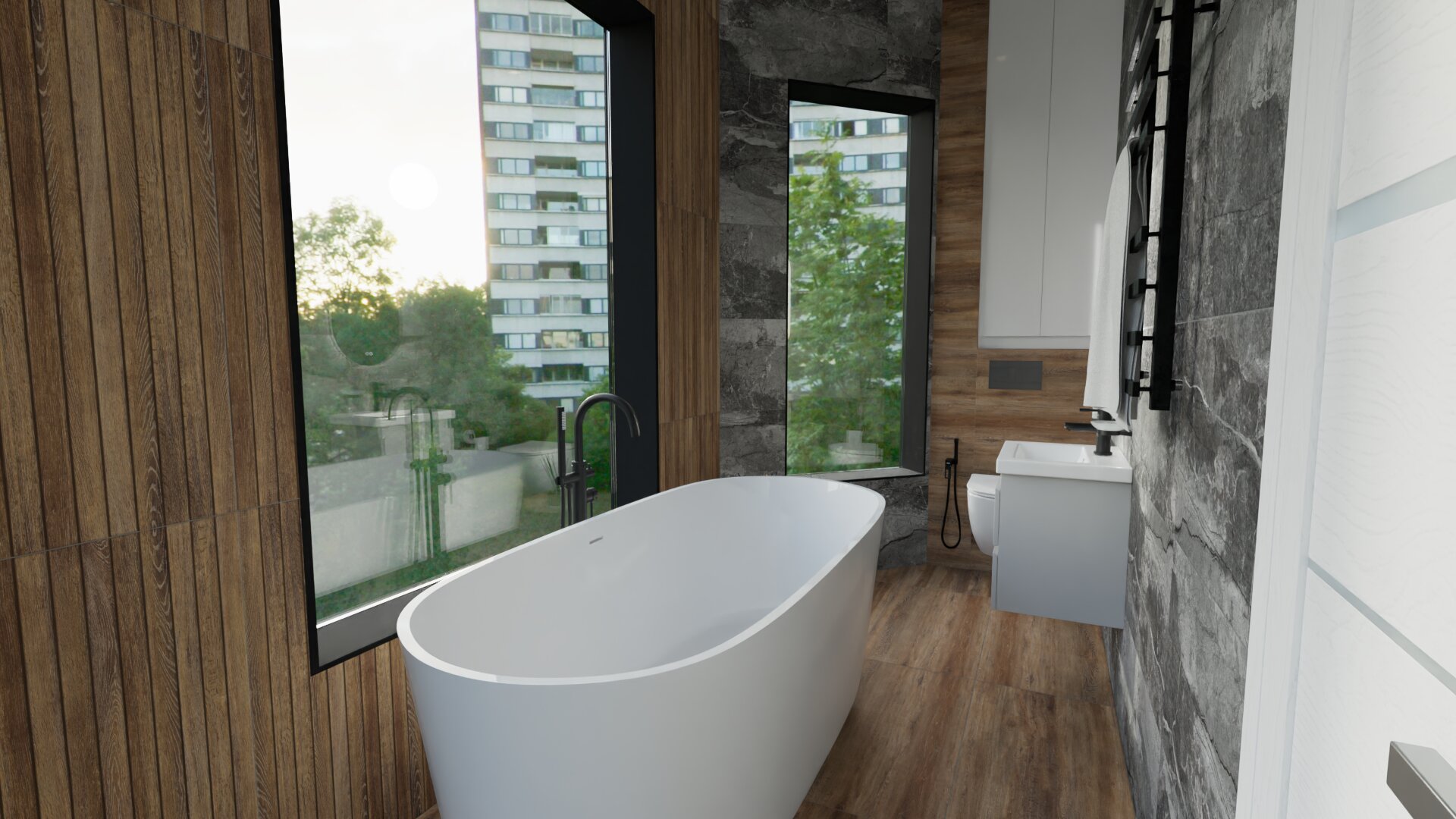 Дизайн для ванной комнаты с окнами