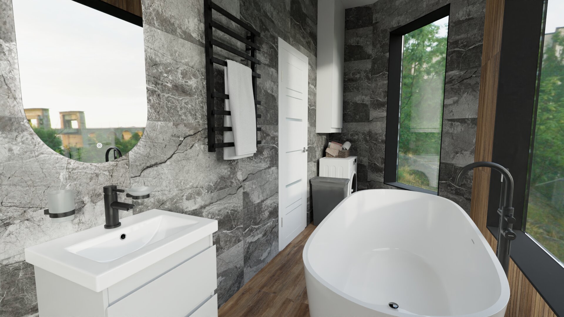 Дизайн для ванной комнаты с окнами 6