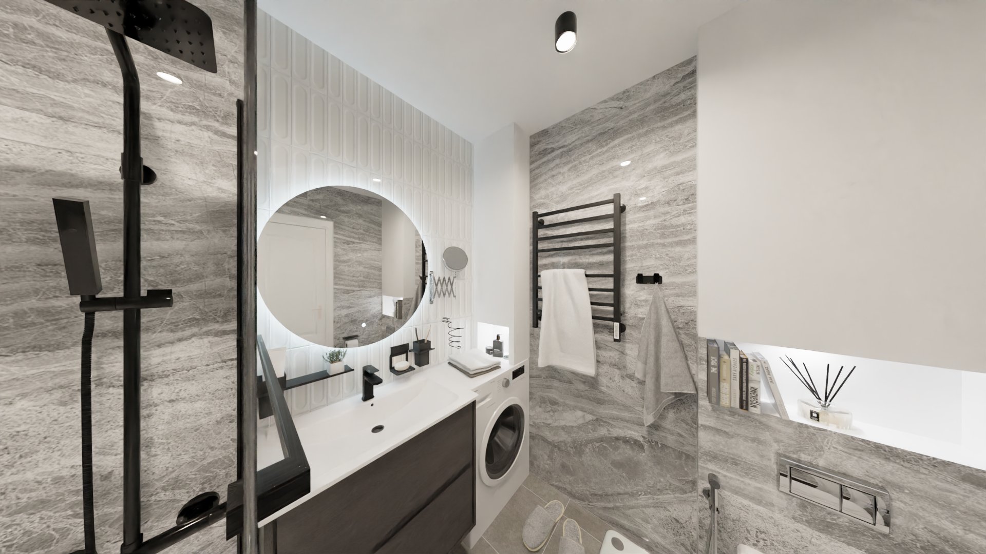 Совмещенный санузел в серых тонах с мрамором и кабанчиком 1