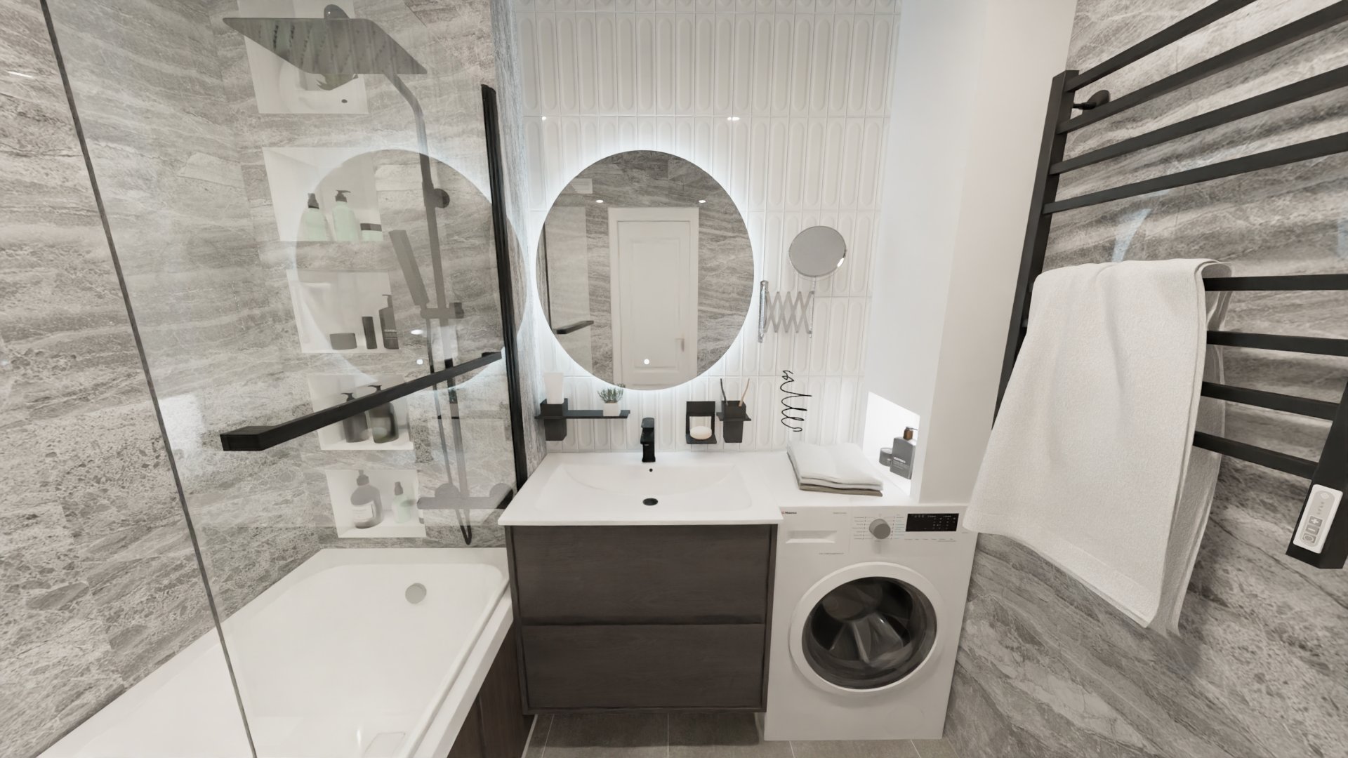 Совмещенный санузел в серых тонах с мрамором и кабанчиком