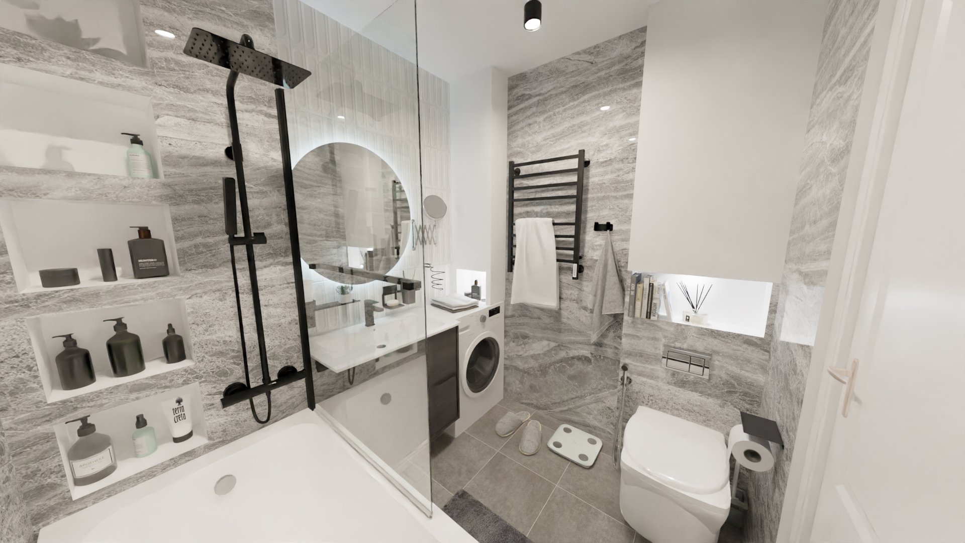 Совмещенный санузел в серых тонах с мрамором и кабанчиком 2